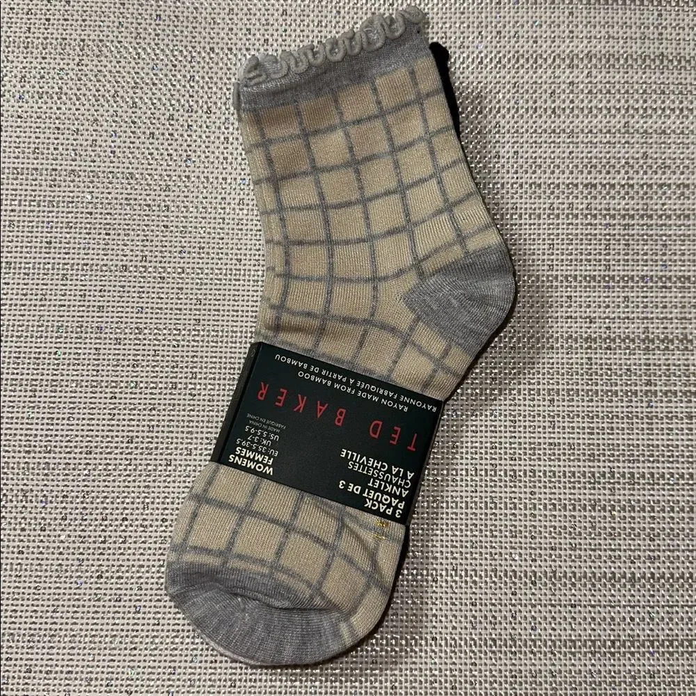 Ted Baker Gray Beige Plaid Black White Dress Crew Cut Bamboo Blend Socks 3 pack